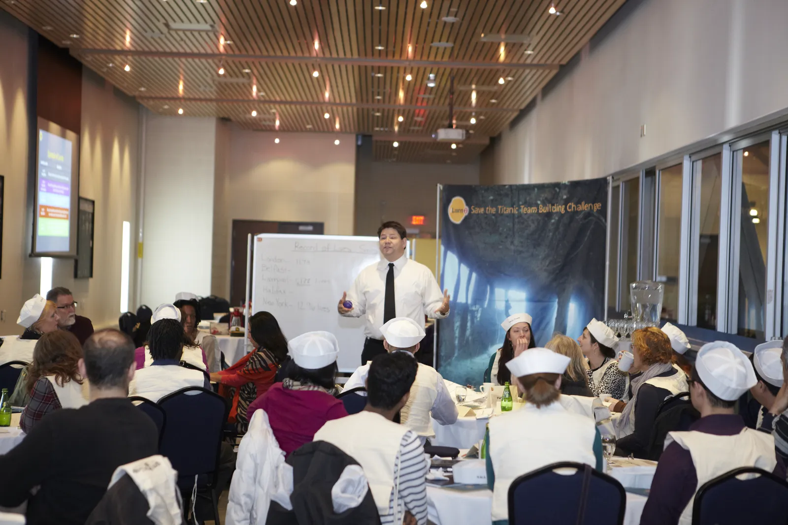 Facilitator leading the debrief session with full room of participants, Save the Titanic banner and whiteboard capturing team insights